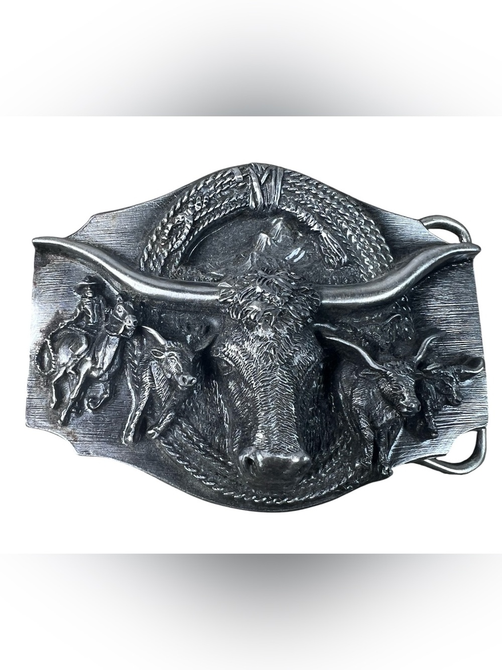 Vintage 1988 Siskiyou Buckle Co Pewter Belt Buckle Model O-80 "Cattle Drive” USA
